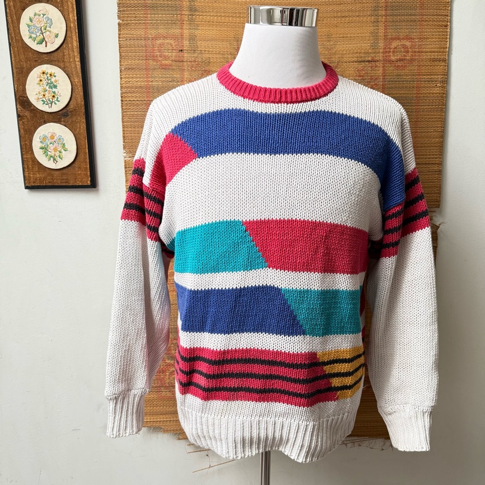 80s 90s Vintage Linen Colorful Striped Sweater